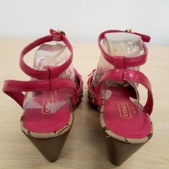 Coach Signature C Betsey Women's Pink Wooden Wedges Heels Canvas Sandal Size 7.5 - Picture 3 of 5